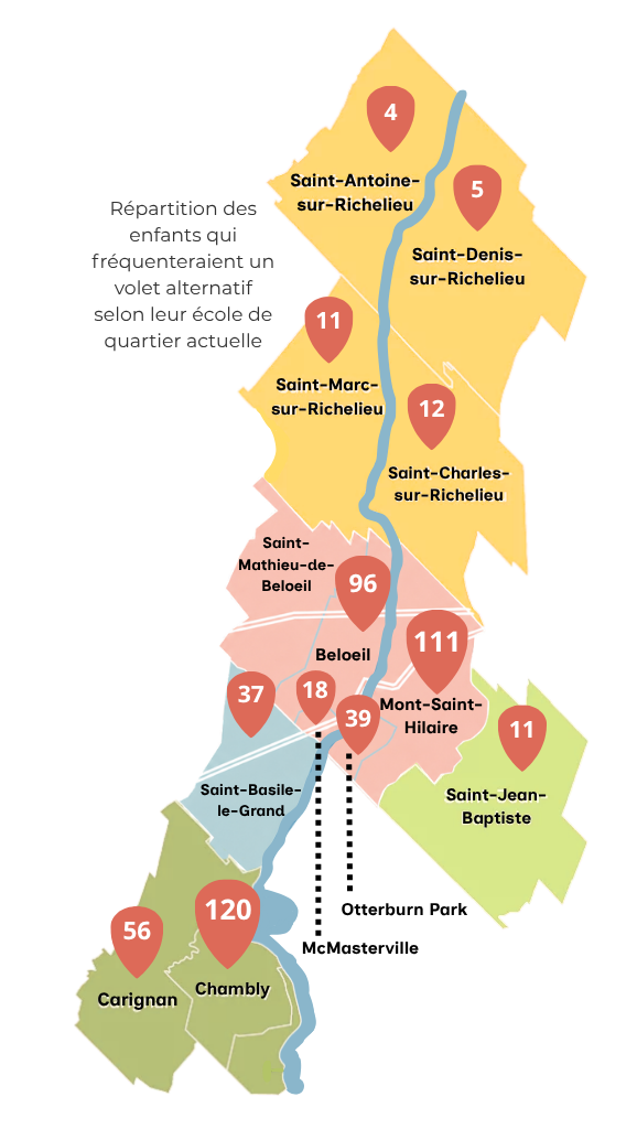 Carte de répartition des enfants qui fréquenteraient un volet alternatif, selon leur école de quartier actuelle, dans la Vallée-du-Richelieu